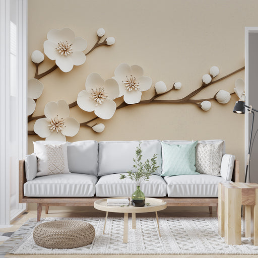 Papier peint floral beige avec branches délicates et fleurs blanches pour salon élégant