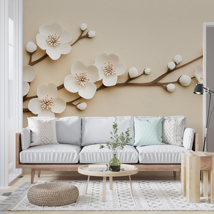 Papier peint floral beige avec branches délicates et fleurs blanches pour salon élégant