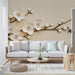 Papier peint floral beige avec branches délicates et fleurs blanches pour salon élégant