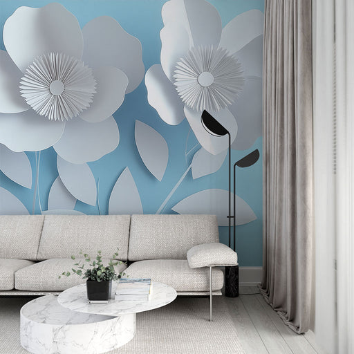 Papier peint bleu avec fleurs blanches élégantes en papier pour salon moderne