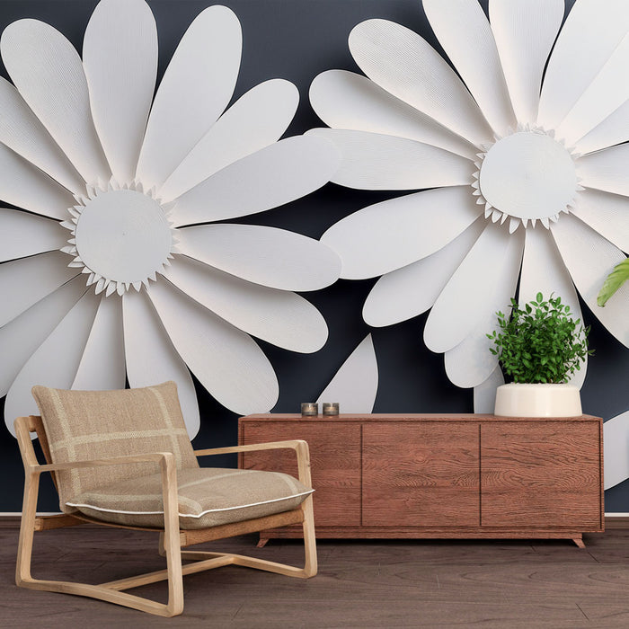 Papier peint floral avec grandes fleurs blanches en papier sur fond noir pour décoration murale moderne.