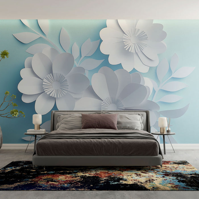 Papier peint élégant avec motif de fleurs blanches en papier sur fond bleu pour chambre moderne.