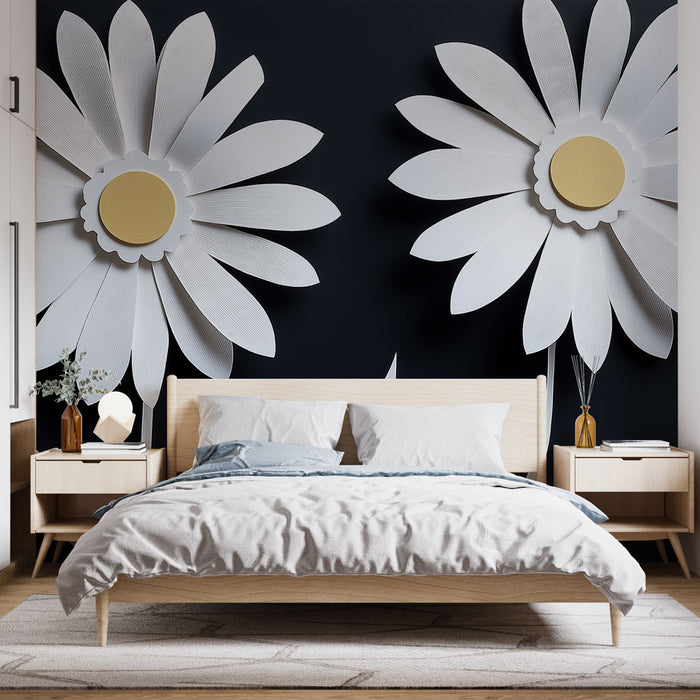 Papier peint floral moderne avec motifs de grandes fleurs blanches sur fond noir pour chambre élégante.