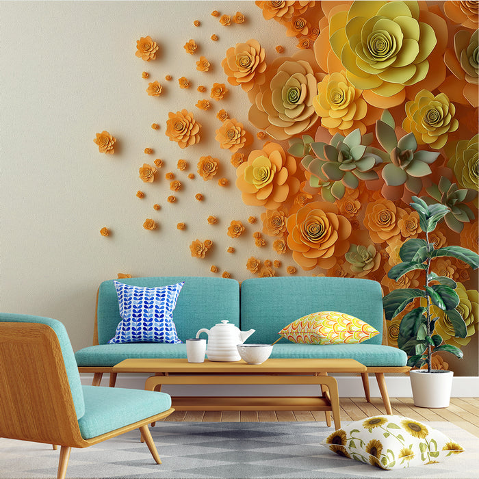 Un salon lumineux avec un papier peint en relief représentant des fleurs en papier dans des teintes d'orange et de vert, créant une atmosphère chaleureuse et accueillante.