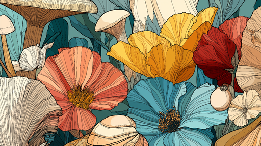 Papier peint fleurs et champignons Motif coloré de fleurs et champignons s