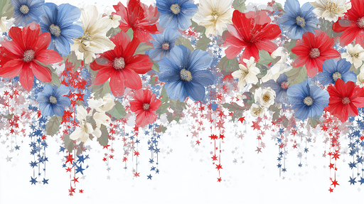 Papier peint fleurs et étoiles Composition florale colorée avec étoiles rouges, blanches et bleues