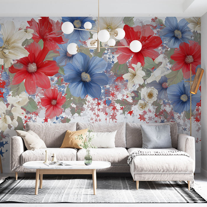 Un salon lumineux avec un papier peint floral aux grandes fleurs rouges, bleues et blanches sur fond clair, créant une ambiance joyeuse et accueillante.