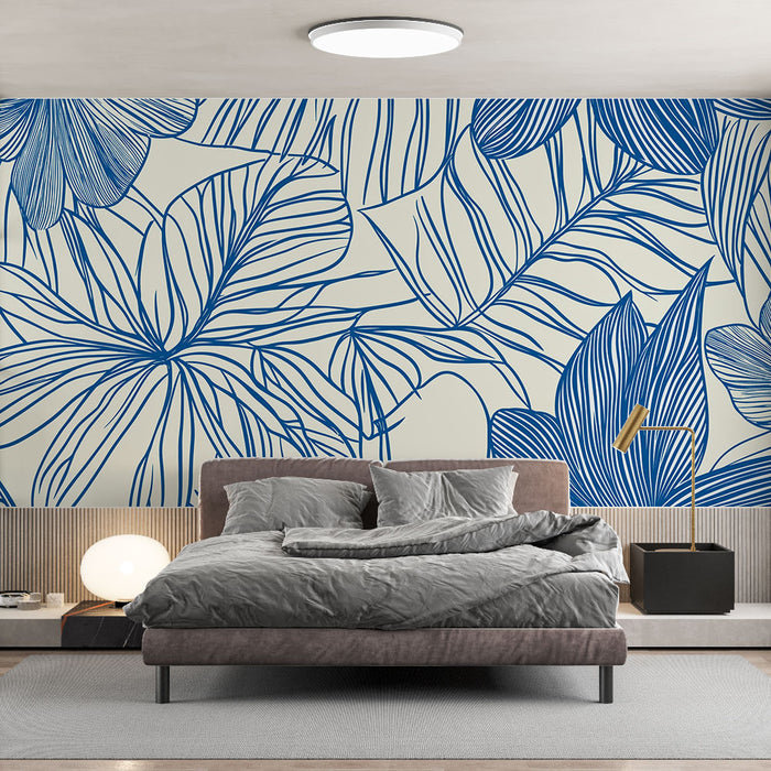 Papier peint fleurs et feuillage | Design floral en bleu sur fond clair