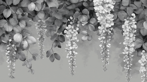Papier peint fleurs et feuillage Motif monochrome élégant de fleurs suspendues et de feuillage délicat