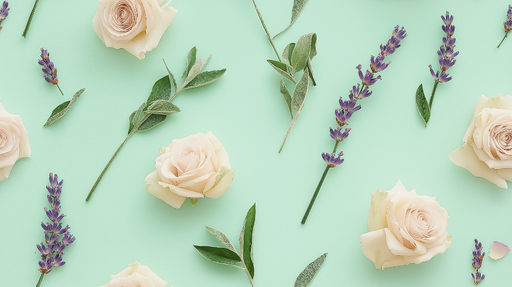 Papier peint fleurs et feuillage Roses délicates et lavande sur fond menthe