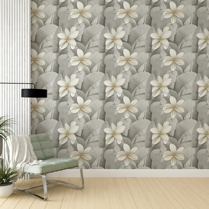 Une pièce moderne avec un papier peint floral gris et blanc, représentant de grandes feuilles et des fleurs délicates, créant une ambiance apaisante et élégante.