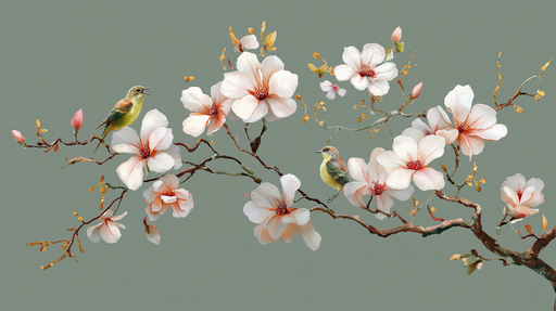 Papier peint fleurs et oiseaux Élégantes branches de magnolia avec oiseaux colorés
