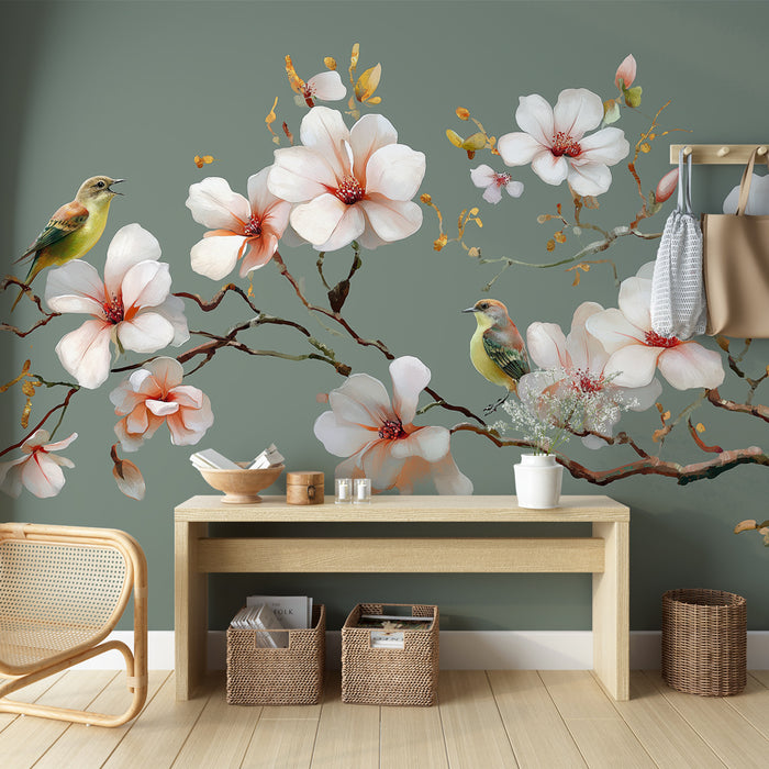 Une pièce lumineuse avec un papier peint floral représentant de grandes fleurs blanches et des oiseaux colorés sur un fond vert apaisant.
