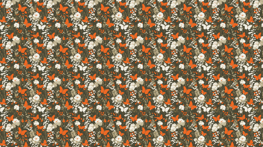 Papier peint fleurs et papillons Motif coloré avec fleurs blanches et papillons orange sur fond sombre