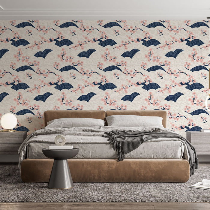Une chambre moderne avec un papier peint évoquant des vagues bleues et des fleurs roses sur fond clair, créant une atmosphère douce et apaisante.