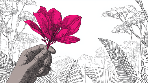 Papier peint fleurs exotiques Une main tenant une fleur rose vif au milieu d'une nature stylisée