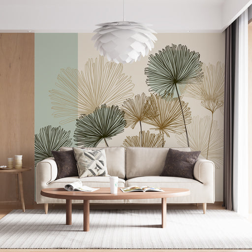 Un salon moderne avec un papier peint aux motifs floraux délicats en lignes dorées et vertes sur un fond clair, créant une ambiance apaisante et élégante.