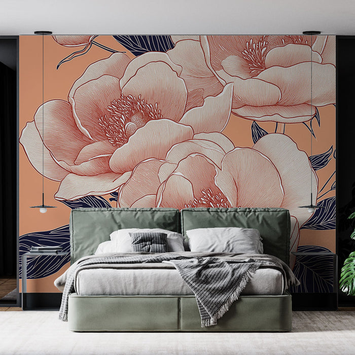 Une chambre moderne avec un papier peint floral aux grandes fleurs roses sur fond pêche, créant une atmosphère douce et accueillante.