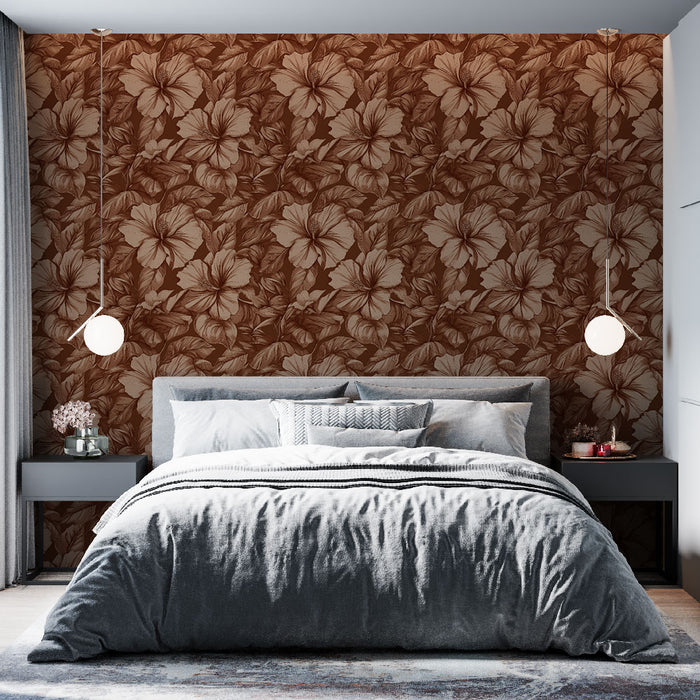 Une chambre moderne avec un papier peint floral brun et crème, aux motifs de grandes fleurs exotiques, créant une atmosphère chaleureuse et accueillante.