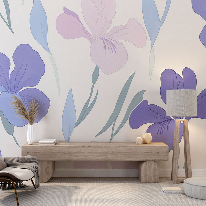 Papier peint fleurs iris | Motifs délicats d'iris aux teintes pastel