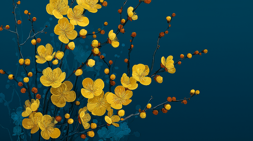 Papier peint fleurs jaunes Branches élégantes avec des fleurs jaune vif sur fond bleu profond
