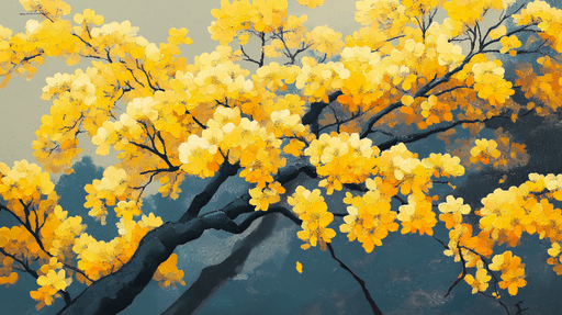 Papier peint fleurs jaunes Branches fleuries aux éclats dorés