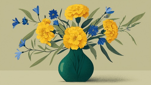 Papier peint fleurs jaunes et bleues Un bouquet sur fond doux et apaisant