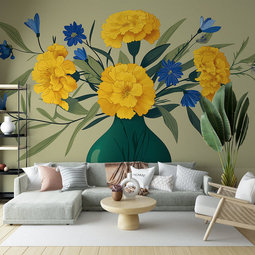 Une pièce de vie moderne avec un papier peint floral représentant un bouquet de fleurs jaunes et bleues sur fond vert, créant une ambiance joyeuse et accueillante.