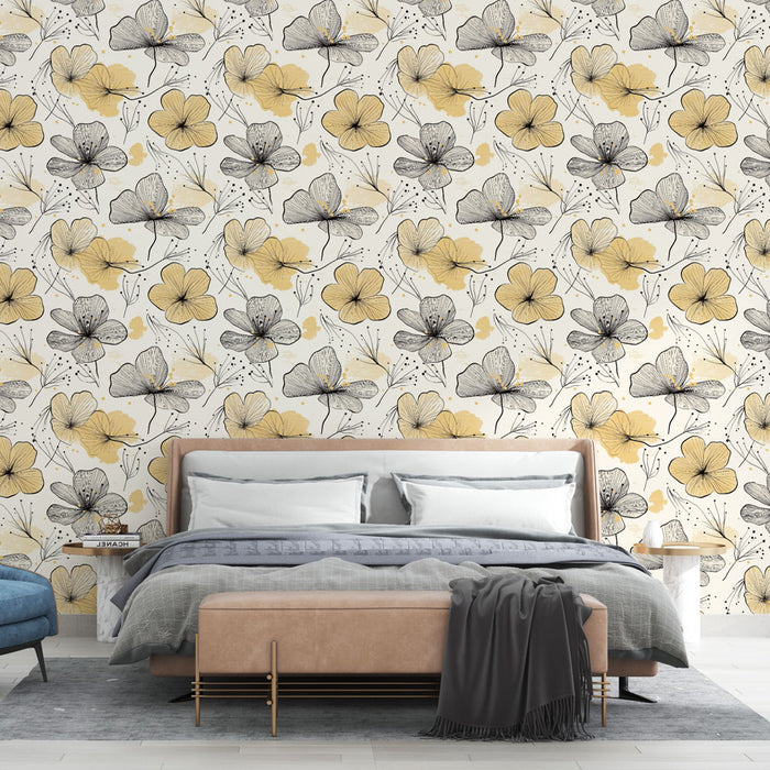 Une chambre moderne avec un papier peint floral aux motifs délicats en noir et jaune sur fond clair, créant une atmosphère douce et apaisante.