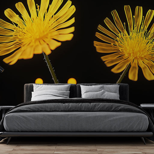 Papier peint fleurs jaunes éclatantes sur fond sombre pour chambre moderne