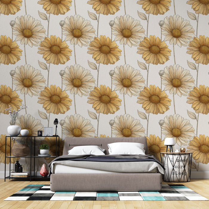 Une chambre lumineuse avec un papier peint floral aux grandes marguerites jaunes et blanches sur fond clair, créant une atmosphère douce et accueillante.