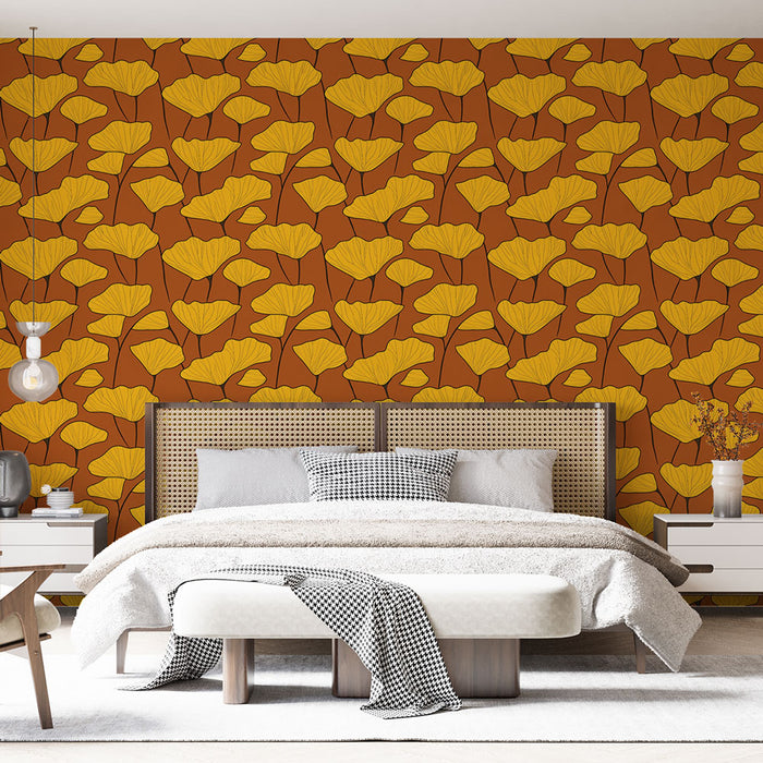 Une chambre moderne avec un papier peint aux motifs floraux jaune sur fond terracotta, créant une ambiance chaleureuse et accueillante.