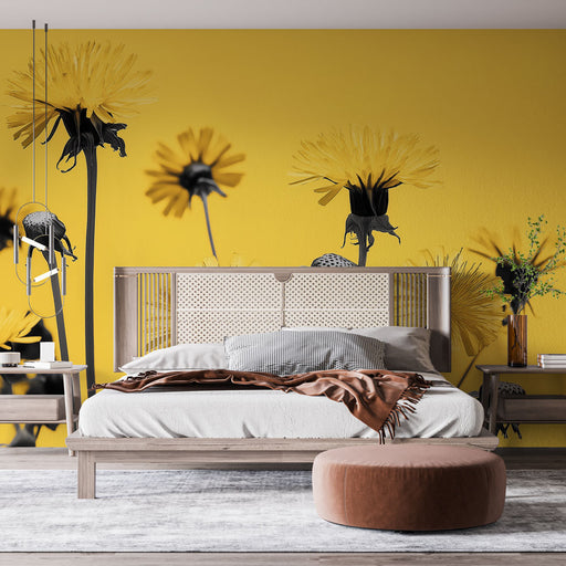 Papier peint floral audacieux avec fleurs jaunes sur fond éclatant pour chambre moderne