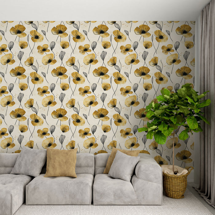 Un salon moderne avec un papier peint floral aux motifs jaunes et noirs sur fond clair, créant une atmosphère chaleureuse et accueillante.