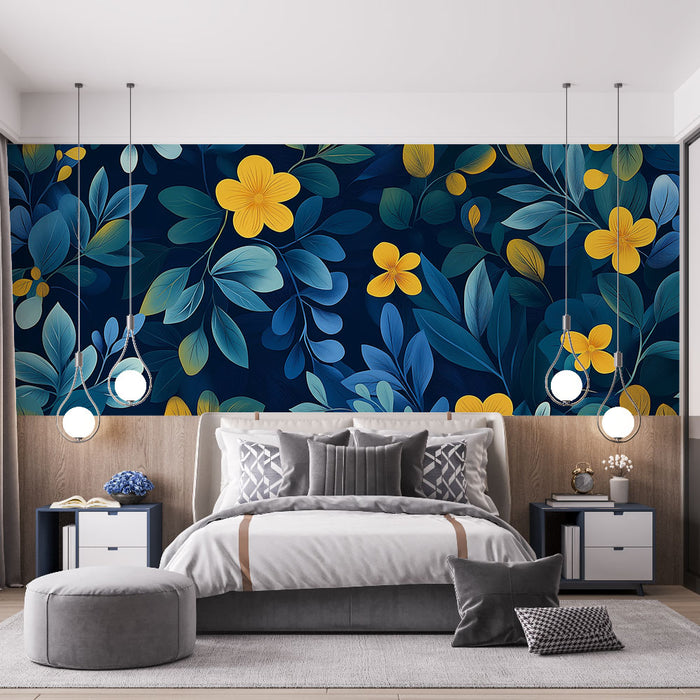 Papier peint fleurs jaunes | Motif floral sur fond bleu