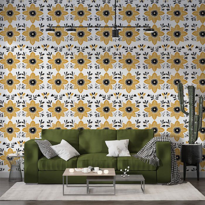Un salon moderne avec un papier peint floral aux grandes fleurs jaunes et noires sur fond blanc, créant une ambiance joyeuse et accueillante.