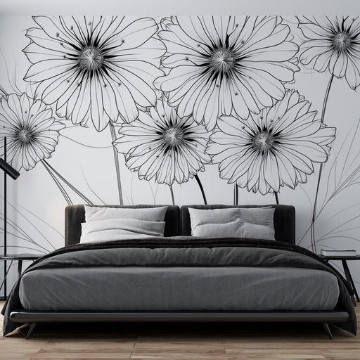 Papier peint floral élégant avec fleurs linéaires en noir et blanc pour chambre moderne