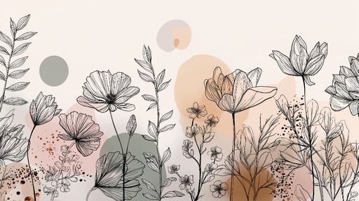 Papier peint fleurs linéaires Élégant motif floral avec touches d'aquarelle