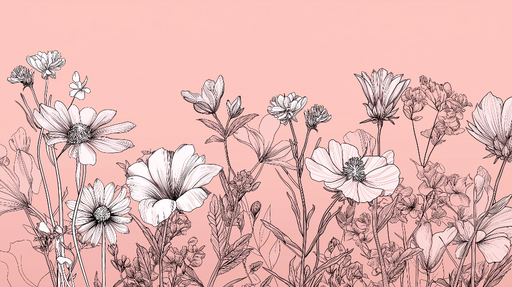 Papier peint fleurs linéaires Motifs floraux délicats sur fond rose