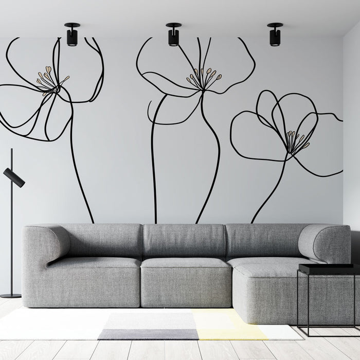 Papier peint moderne avec motifs floraux linéaires noirs pour salon élégant