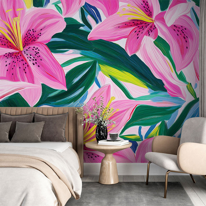Papier peint fleurs | Magnifiques lys roses avec feuillage luxuriant