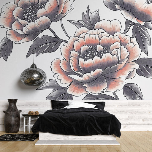 Une chambre élégante avec un papier peint floral aux grandes pivoine rose et noire, créant une ambiance romantique et apaisante.