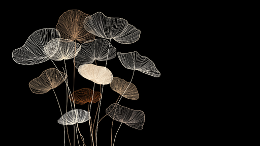 Papier peint fleurs minimalistes Feuilles délicates aux contours graphiques sur fond noir