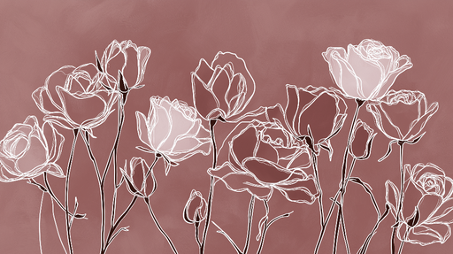 Papier peint fleurs minimalistes Silhouettes délicates de roses sur fond rose