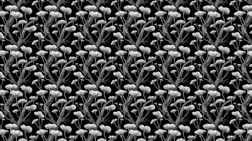 Papier peint fleurs monochrome Motif élégant de branches et champignons sur fond noir