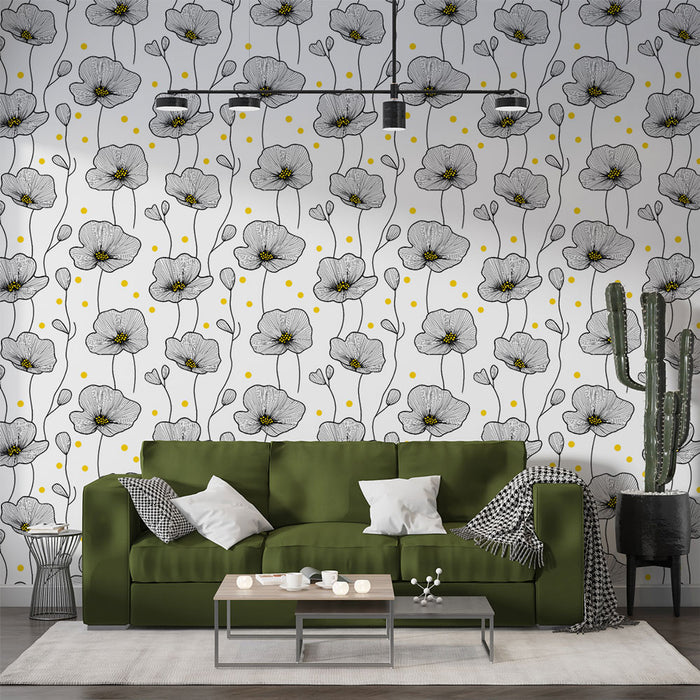 Un salon moderne avec un papier peint floral en noir et blanc, agrémenté de touches jaunes, créant une atmosphère à la fois fraîche et artistique.