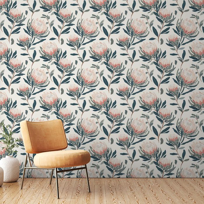 Une pièce moderne avec un papier peint floral aux motifs de grandes fleurs roses et feuillages verts sur fond clair, créant une ambiance douce et accueillante.