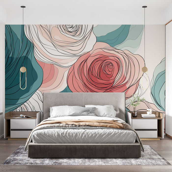 Une chambre élégante avec un papier peint floral aux grandes roses aux teintes douces et pastel, créant une atmosphère romantique et apaisante.
