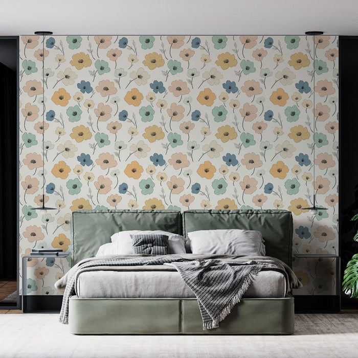 Une chambre moderne avec un papier peint floral aux teintes douces de bleu, jaune et rose, créant une atmosphère fraîche et apaisante.