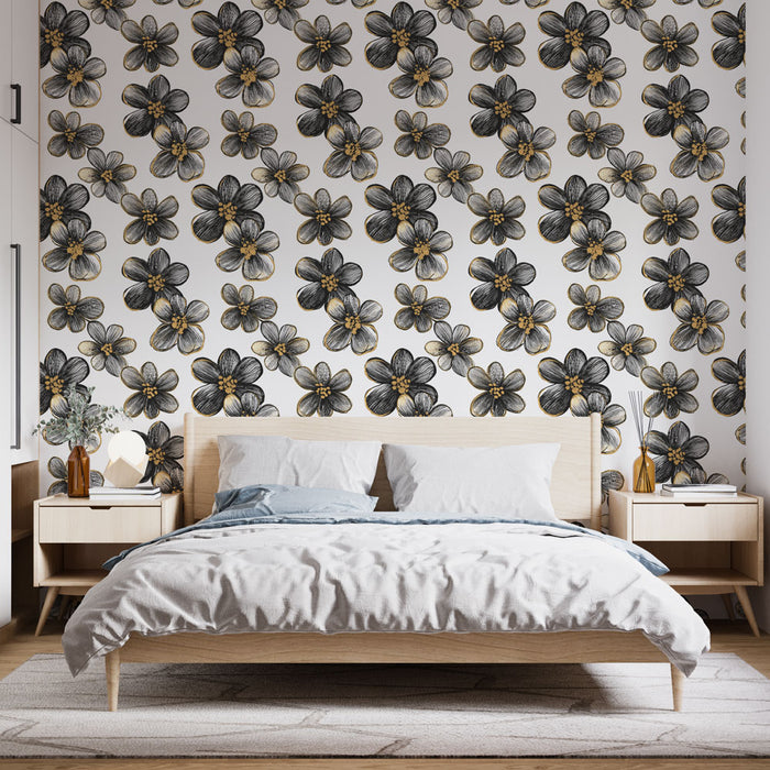Une chambre moderne avec un papier peint floral noir et or sur fond blanc, créant une ambiance élégante et artistique.